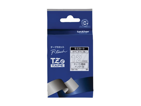 ブラザー ラベル用ラミネートテープ12mm 透明 白文字 TZe-135