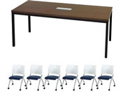 Netforce/会議セット 6人用 グールー 会議テーブル 幅1800mm ブラック×ウォールナット ラップ チェア キャスター付き ホワイト×ネイビー