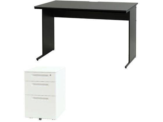 ●カラー／デスク：ブラック、ワゴン：ホワイト●外寸／デスク：幅１２００×奥行６００×高さ７００ｍｍ、ワゴン：幅３９５×奥行５５０×高さ６１６ｍｍ●引出し内寸／（上段）ワゴン：幅３１８×奥行４２０×高さ