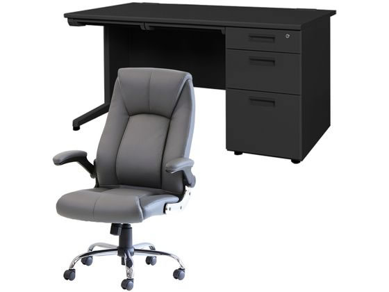 Netforce デスクチェアセット 片袖机W1400mm 天板BK チェア GY