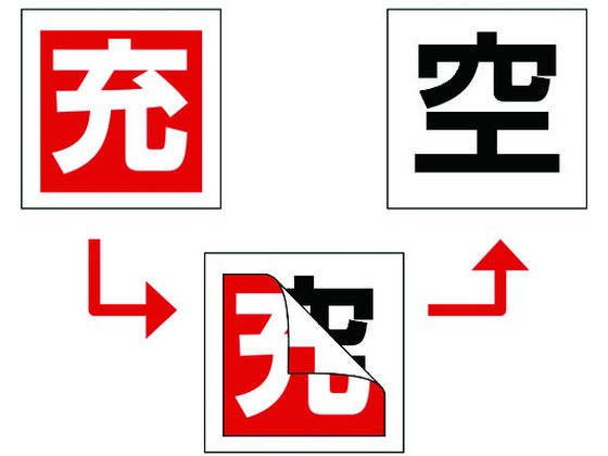 緑十字 高圧ガス関係標識 ボンベ充空ステッカー 充(赤)⇒空(白) 札-6 50×50mm 10枚組 042006