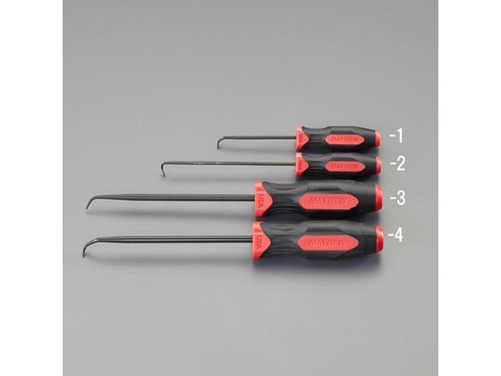 ●【セット内容】：４本組（ＥＡ５６６ＬＸ−１、−２、−３、−４）●仕様：１６０ｍｍ、２１０ｍｍ、２７５ｍｍ、２７５ｍｍのピックツールセット●材質：焼入鋼（黒色酸化）●独自の先端曲げ加工により、狭い場所