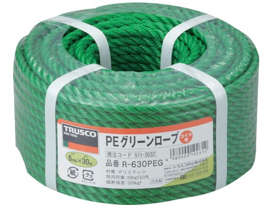 TRUSCO PEグリーンロープ 3つ打 線径6mm×長さ30m R-630PEG TRUSCO PEグリーンロープ 3つ打 線径6mm×長さ30m R-630PEG