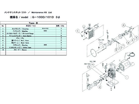 ●型番：G-101D MAINTENANCEKIT B●入数：1組●タイプ：B ●パーツ内容：ベーン、ベーンスプリング ●適合機種：G−101D（モーター1φ用）●ベーンスプリング×8、第1ベーン×2