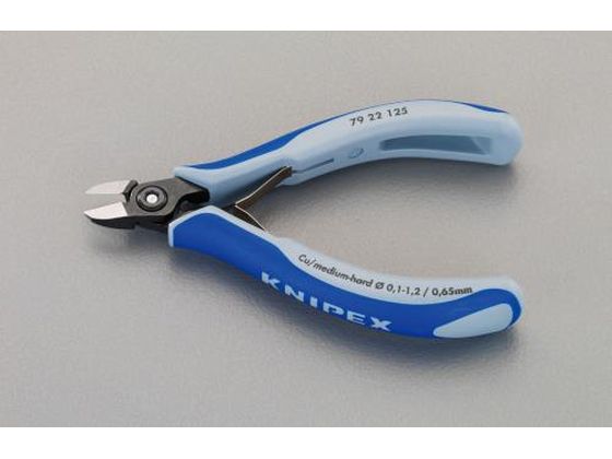 ●メーカー：ＫＮＩＰＥＸ（クニペックス）●型番：７９２２１２５●オーバル●全長：１２５ｍｍ●切断能力：軟線：φ０．１〜１．７ｍｍ、中硬線：φ１．０ｍｍ●刃硬度：ＨＲＣ６４●直刃●バネ付●ハンドル：コン