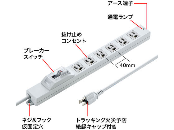 サンワサプライ 安全ブレーカータップ 3P・6個口・3m TAP-BR36A-3が