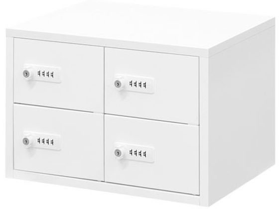 ●外寸：幅４０５×奥行２８０×高さ２７７ｍｍ●カラー：ホワイト●材質：本体・扉／スチール製●機能：暗証番号仕様を２パターンから選択可能／パブリック（自由変換式）・パーソナル（固定変換式）、戸当りクッシ